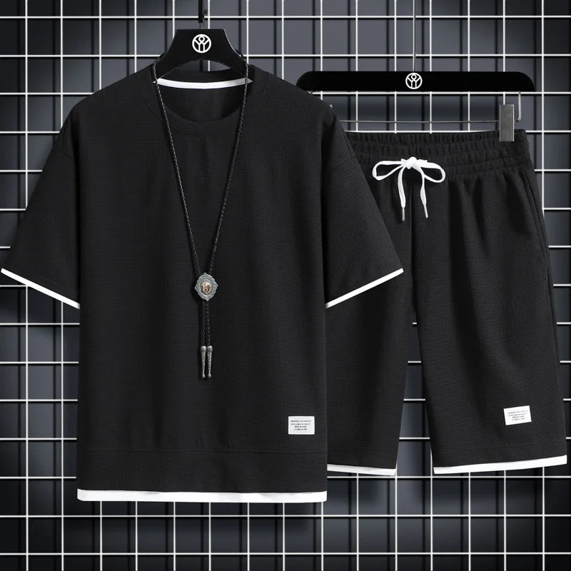 Summer Men's Waffle Sets Casual T-Shirt And Shorts Set Male Sports Suit Solid Color Tracksuit Loose Suits