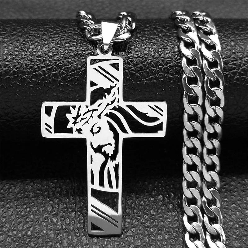 Hip Hop Punk Crown of Thorns Jesus Cross Necklace for Men Stainless Steel Gold Plated Crucifix Pendant Necklaces Jewelry N8052