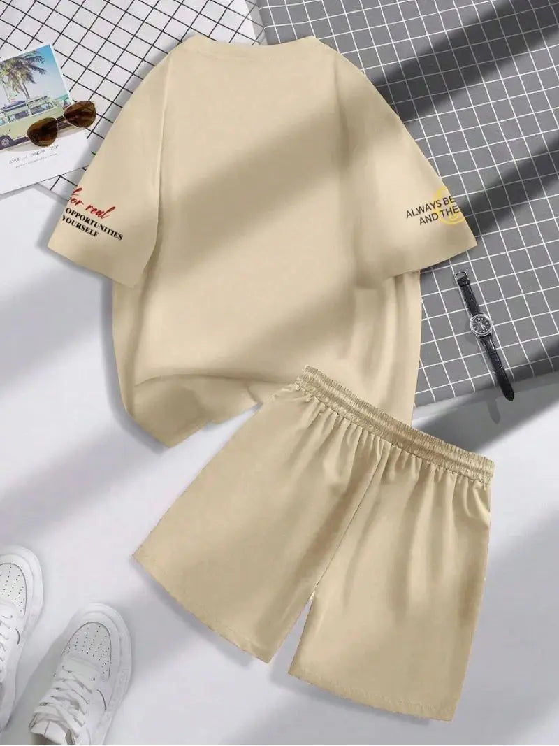 summer new trend men's suit round neck short sleeve set fashion personalized alphanumeric print round neck T-shirt and shor