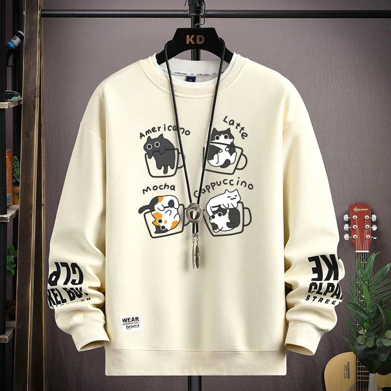 Spring Men's Sweatshirt Japan Cartoon Cats Printed Long Sleeve T-shirt Fashion Men's Clothing Khaki O Neck Harajuku Top