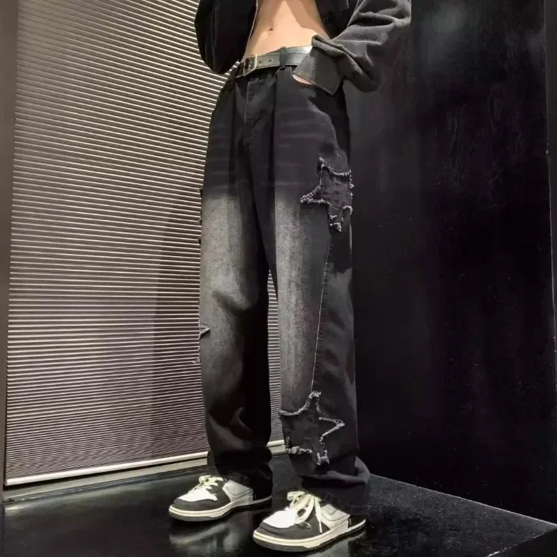 Stars Towel Embroidery Brown Men Jeans Pants Y2K Clothes Straight Hip Hop Cotton Trousers Pantalon Homme