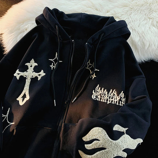 European and American Autumn/Winter Hoodie Embroidered Cross Flame Coat Plush Couple Loose Top Sweater