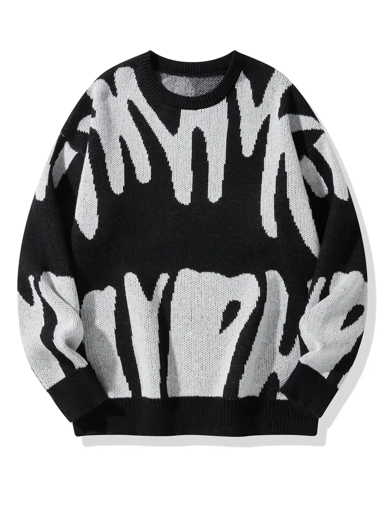 Autumn Winter Irregular Jacquard Pattern Pullover Sweater Casual Round Neck Contrast Color Knitted Pullover