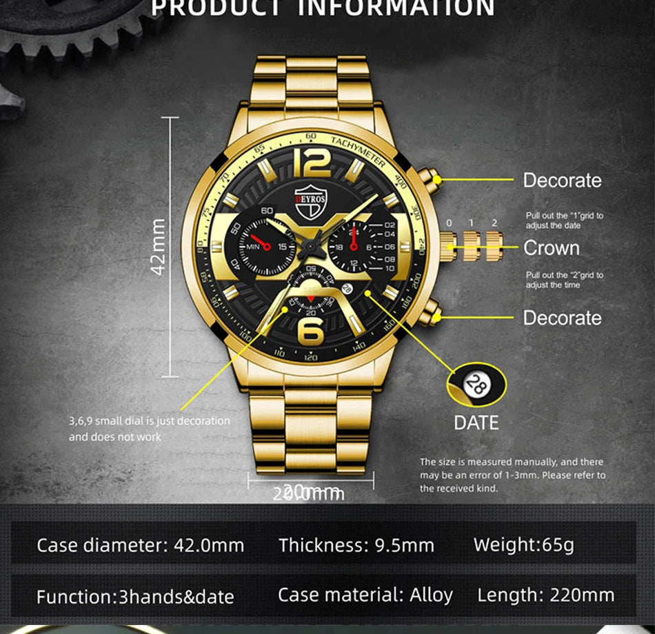 5PCS Set DEYROS Fashion Mens Calendar Watches Men Business Stainless Steel Quartz Wristwatch Male Casual Necklace Bracelet Watch