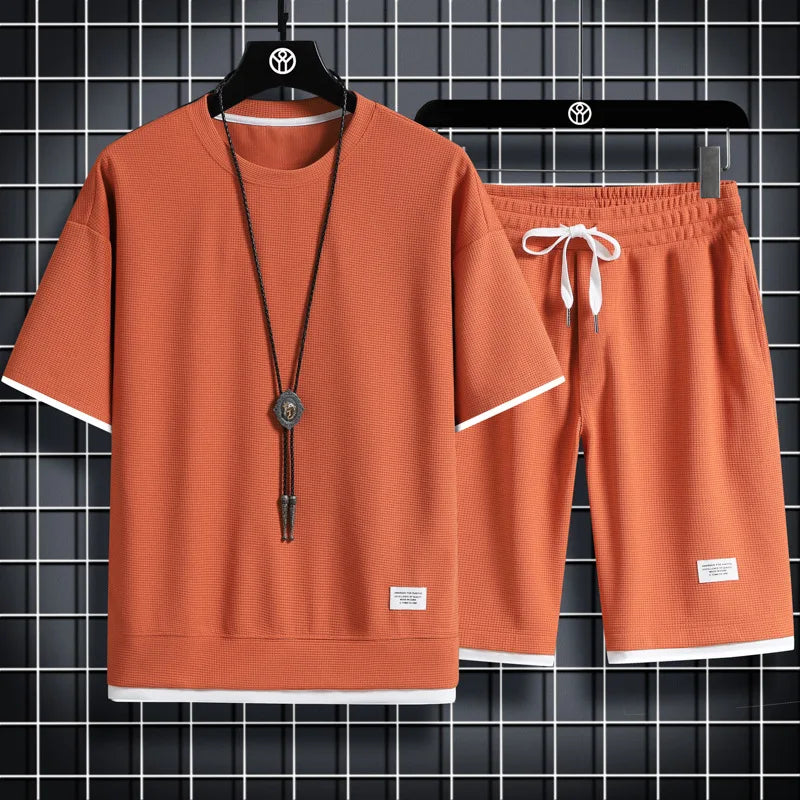 Summer Men's Waffle Sets Casual T-Shirt And Shorts Set Male Sports Suit Solid Color Tracksuit Loose Suits