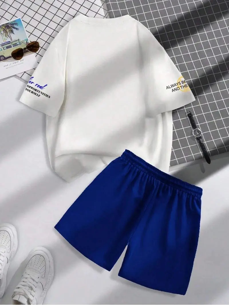 summer new trend men's suit round neck short sleeve set fashion personalized alphanumeric print round neck T-shirt and shor