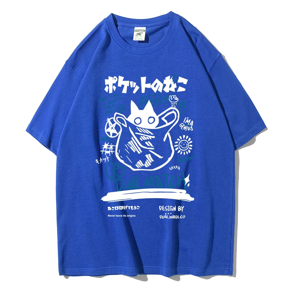 Men Women Cartoon T-Shirts Summer Harajuku Kawaii Cat Printed Short Sleeve Tees Couple Streetwear Loose Clothes Y2K Tops