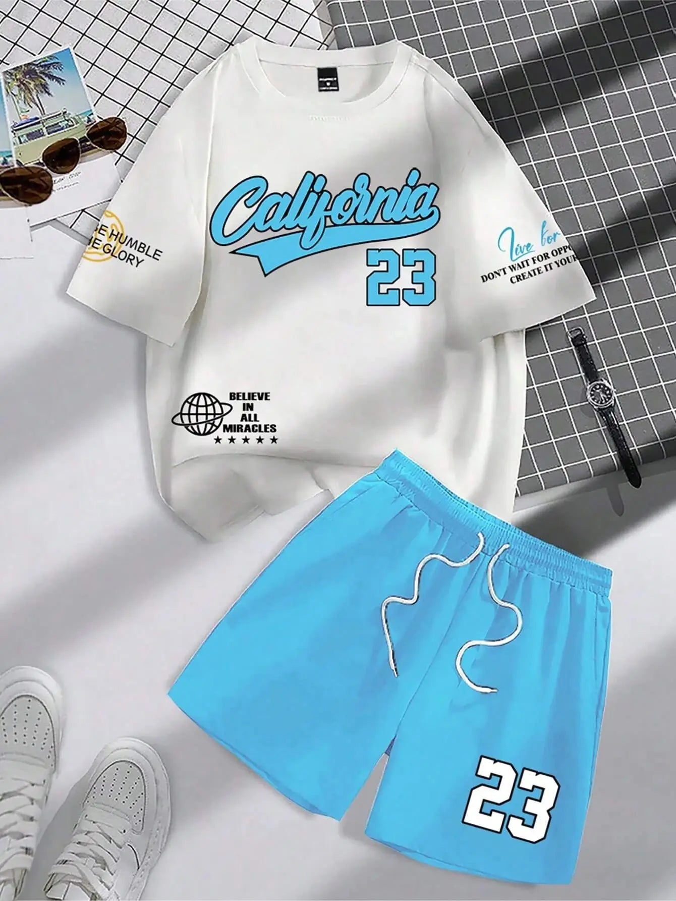 summer new trend men's suit round neck short sleeve set fashion personalized alphanumeric print round neck T-shirt and shor