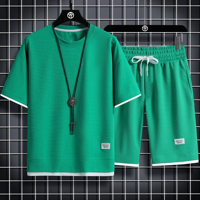 Summer Men's Waffle Sets Casual T-Shirt And Shorts Set Male Sports Suit Solid Color Tracksuit Loose Suits