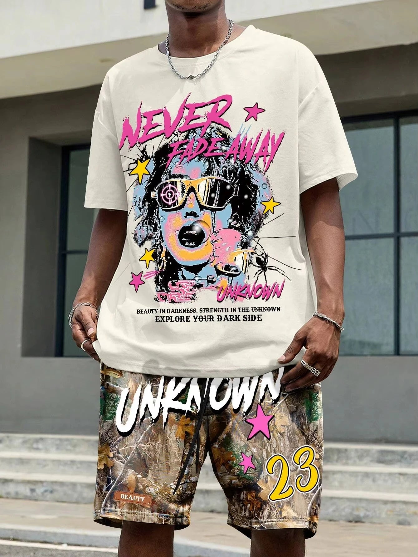 Men's round neck casual summer T-shirt, printed with cartoon characters and letter patterns, lightweight and breathable short sl