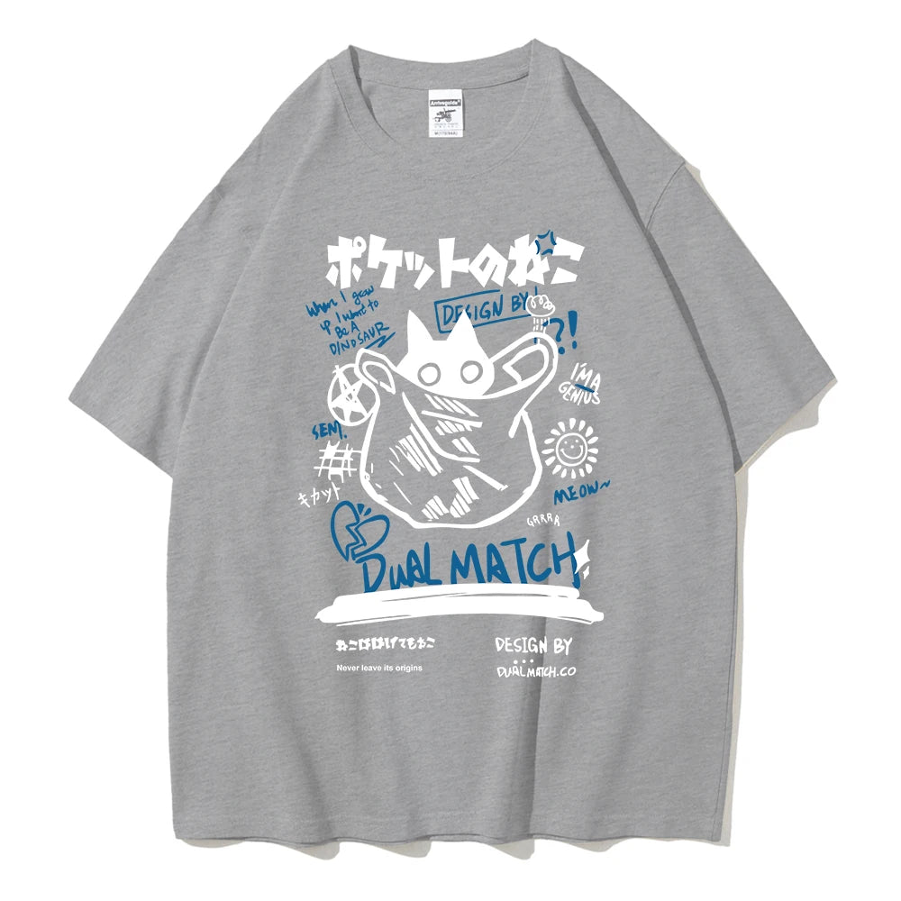 Men Women Cartoon T-Shirts Summer Harajuku Kawaii Cat Printed Short Sleeve Tees Couple Streetwear Loose Clothes Y2K Tops