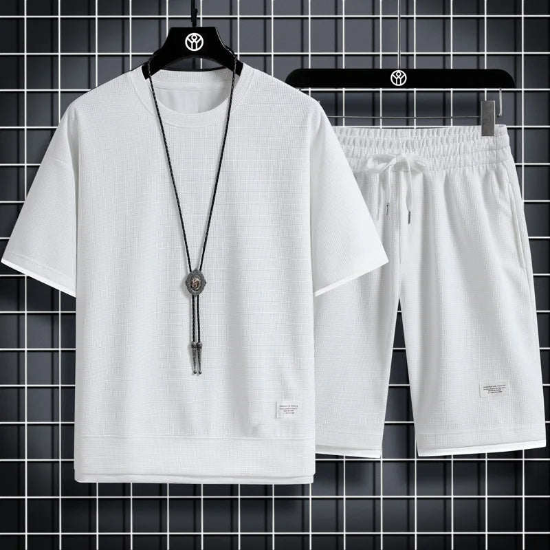 Summer Men's Waffle Sets Casual T-Shirt And Shorts Set Male Sports Suit Solid Color Tracksuit Loose Suits