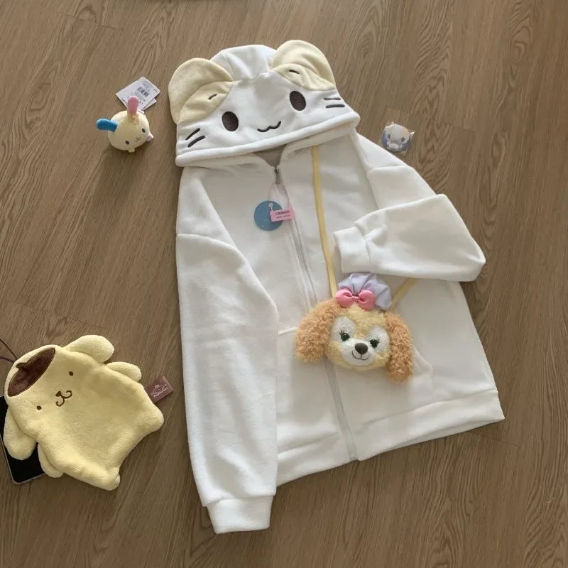 Oversize Deeptown Kawaii Lolita Style Women Fleece Hoodies Cutecore Japanese Soft Girl Zipper Sweatshirt Casual Cartoon Cardigan