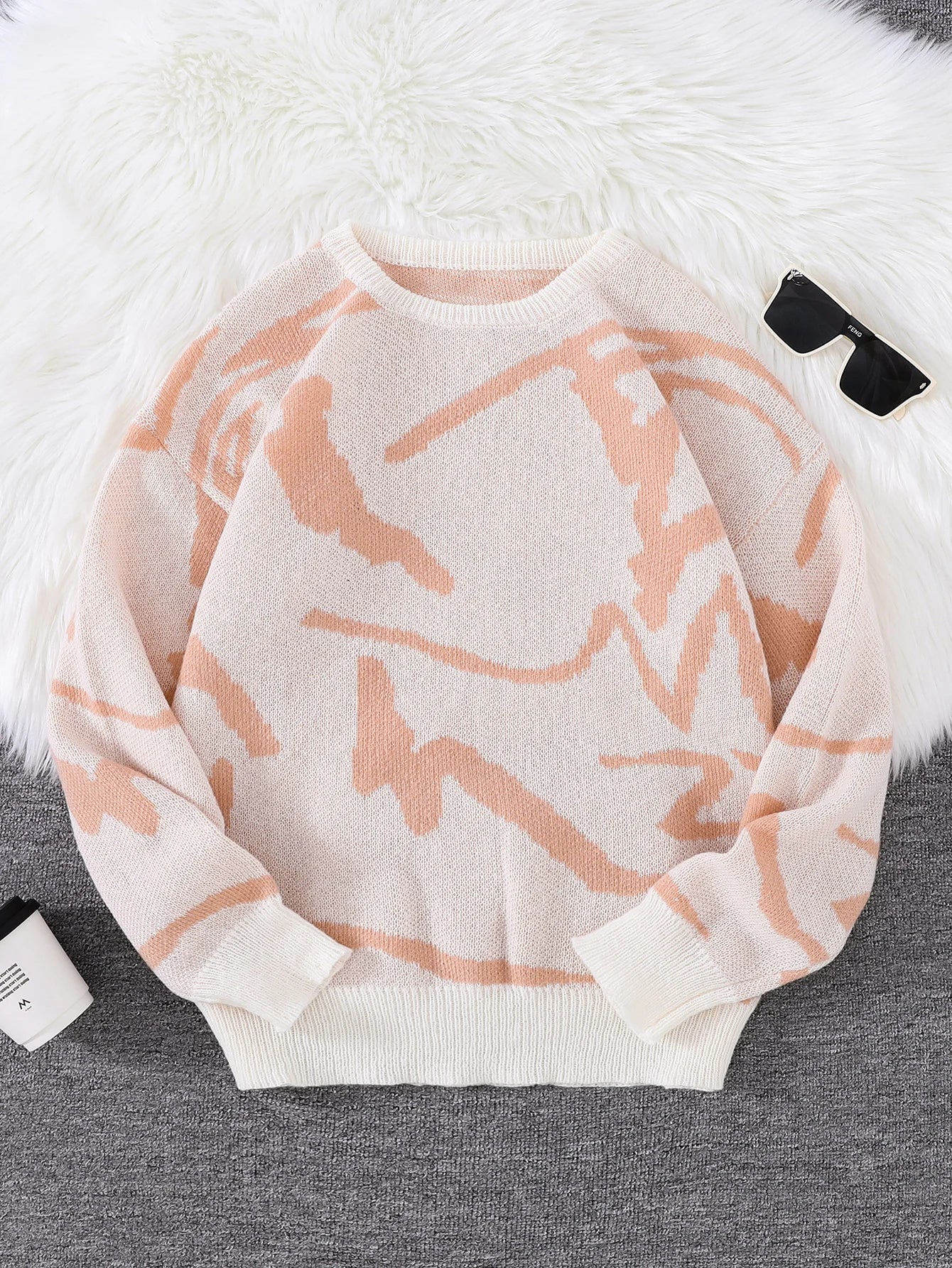 Spring Autumn Graffiti Jacquard Pattern Pullover Sweater Casual Round Neck Contrast Color Knitted Pullover