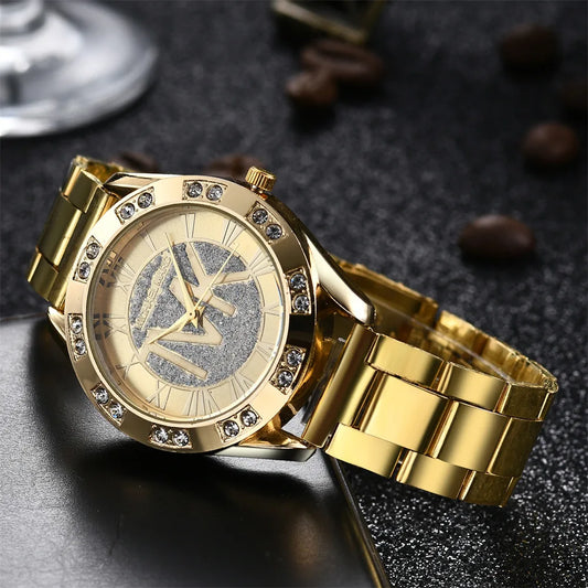 UTHAI Women's Diamond Set Quartz Watch For TVK Logo Fashion Stainless Steel Bracelet Gold Men Trendy Clock Watches