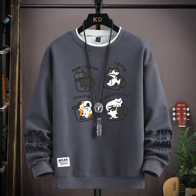 Spring Men's Sweatshirt Japan Cartoon Cats Printed Long Sleeve T-shirt Fashion Men's Clothing Khaki O Neck Harajuku Top
