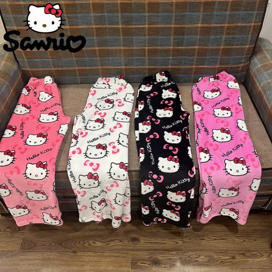 Sanrio Hello Kitty Pajamas Halloween Flannel Fashion Trouserswomen Kawaii Woolen Casual Home Pants Autumn