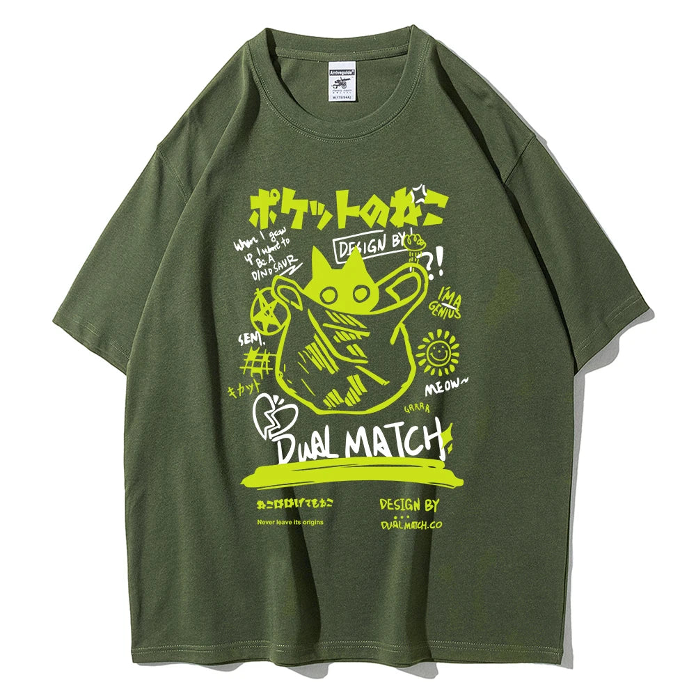 Men Women Cartoon T-Shirts Summer Harajuku Kawaii Cat Printed Short Sleeve Tees Couple Streetwear Loose Clothes Y2K Tops