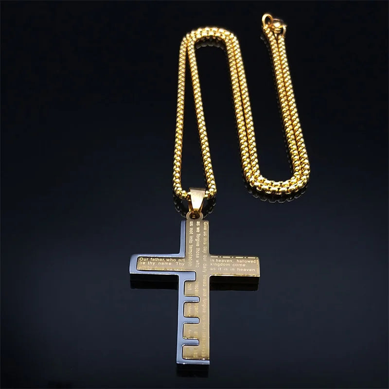 Cross Christian Church Prayer Necklace Men Stainless Steel Gold Color Bible Amulet Necklaces Jewelry colar masculino N2005S02