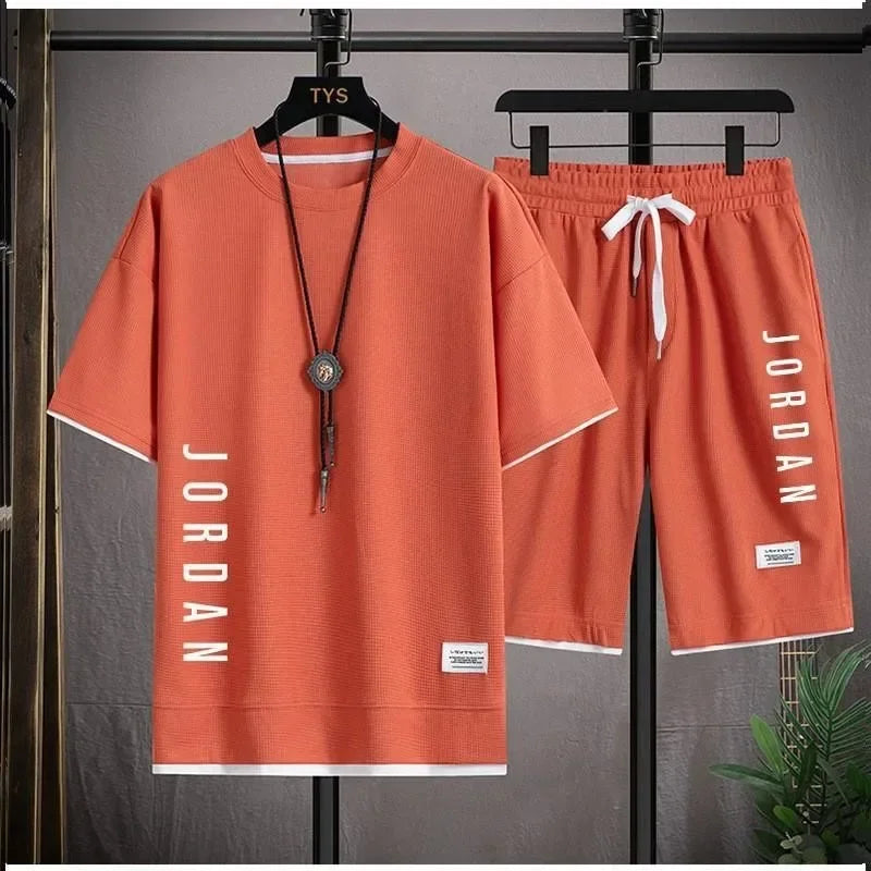 Men's Summer Waffle Set Brand Fashion Casual T-shirt+Shorts Set Men's Sports Set Loose ComfortableSlow RunningQuick Dr