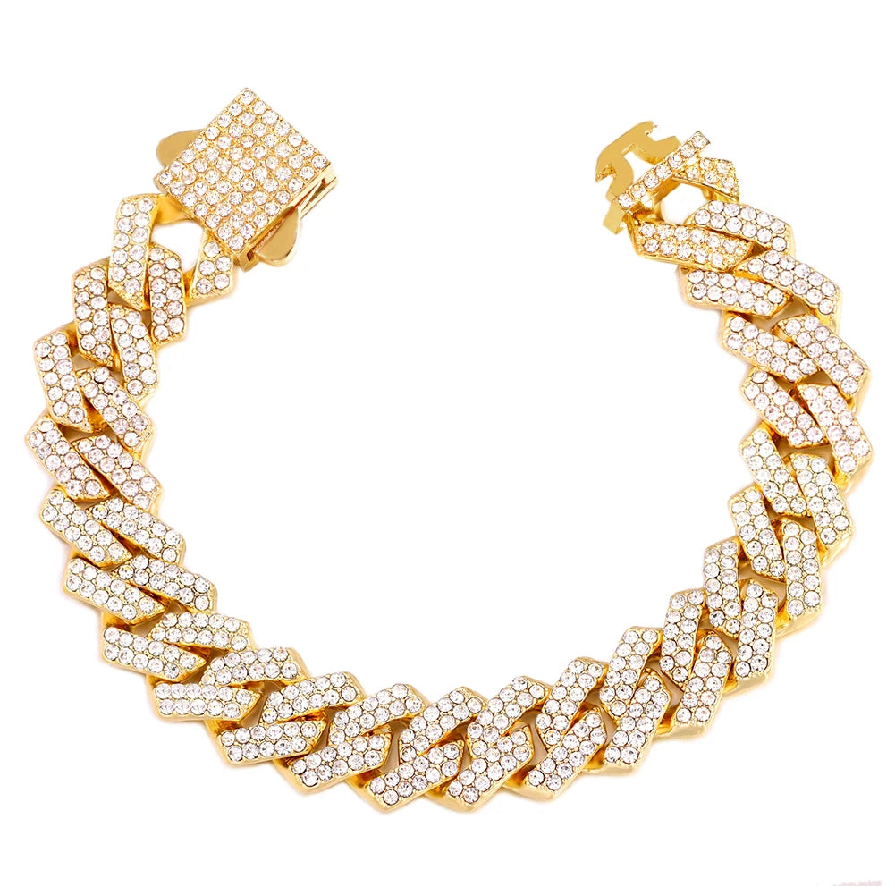 7/8/9inch 14MM Cuban Link Chain Bracelets Women Men Rhinestone Paved Prong Cuban Chain Bracelet Wristband Hip Hop Jewelry