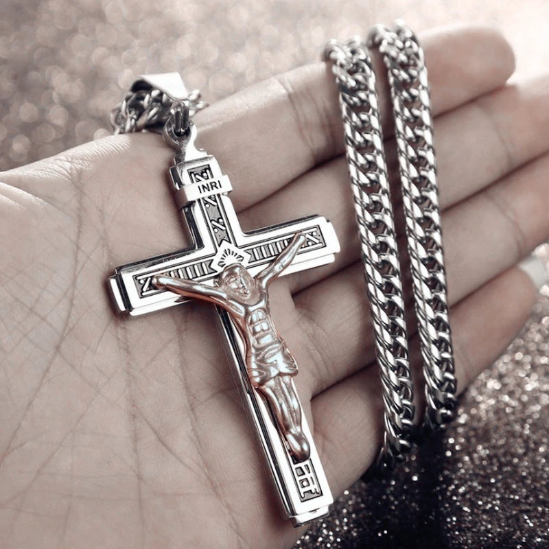 Vintage Jesus Cross Pendant Men and Women Amulet Necklace Catholic Christian Religious Prayer Jewelry Gift