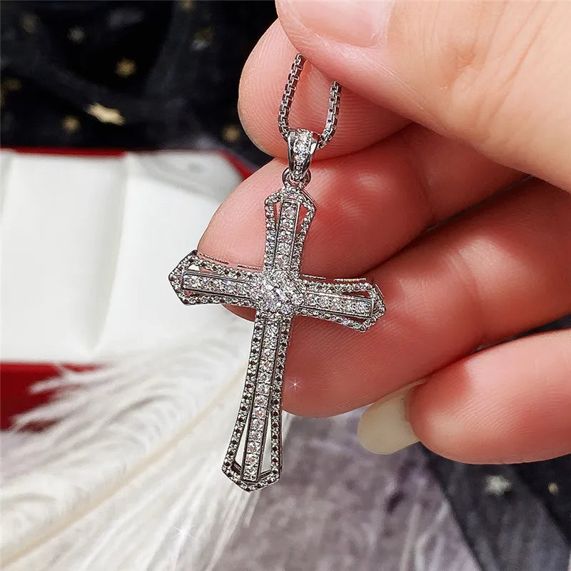Huitan Luxury Full Cubic Zirconia Cross Pendant Necklace for Women Fashion Versatile Necklace Jewelry Party Daily Accessories