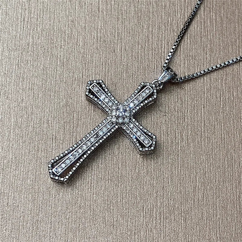 Huitan Luxury Full Cubic Zirconia Cross Pendant Necklace for Women Fashion Versatile Necklace Jewelry Party Daily Accessories