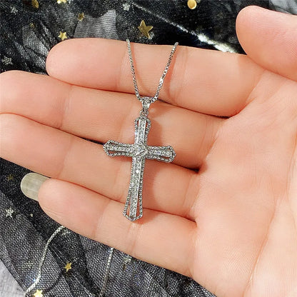 Huitan Luxury Full Cubic Zirconia Cross Pendant Necklace for Women Fashion Versatile Necklace Jewelry Party Daily Accessories