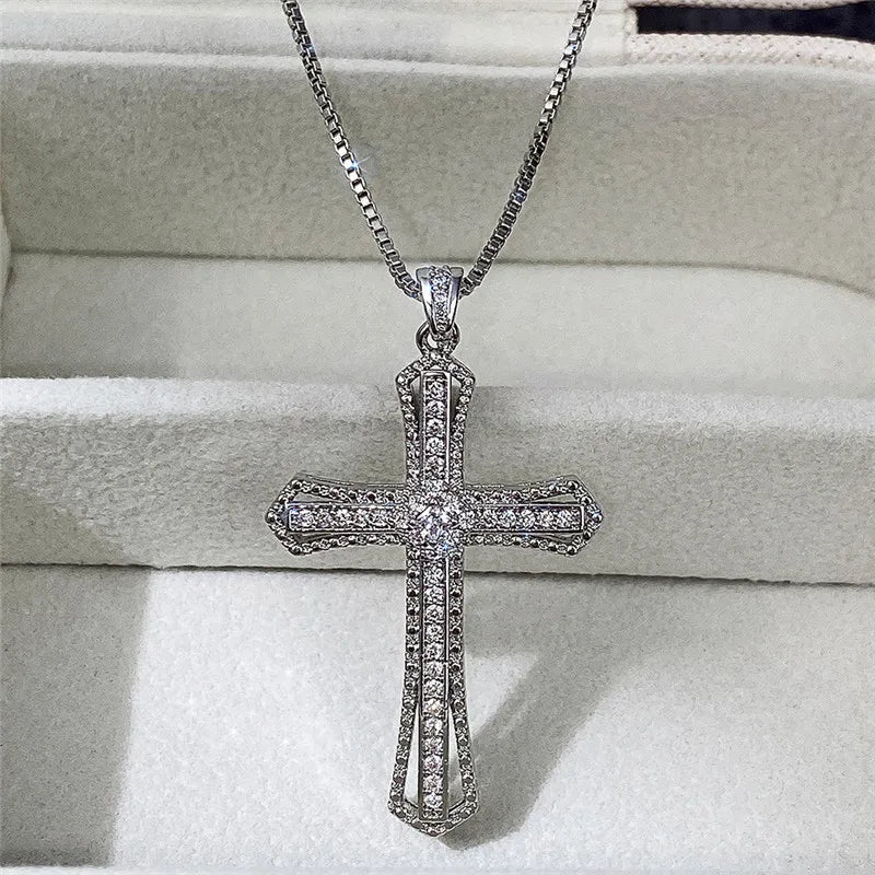 Huitan Luxury Full Cubic Zirconia Cross Pendant Necklace for Women Fashion Versatile Necklace Jewelry Party Daily Accessories
