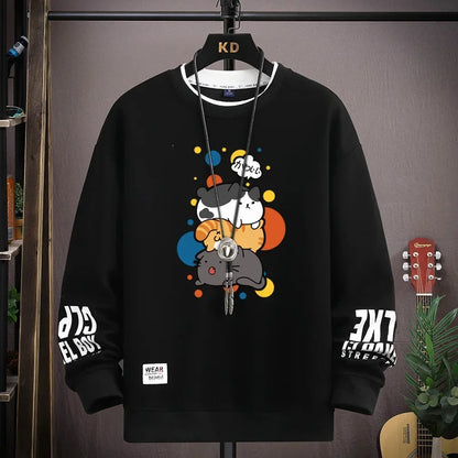 Spring Men's Sweatshirt Japan Cartoon Cats Printed Long Sleeve T-shirt Fashion Men's Clothing Khaki O Neck Harajuku Top