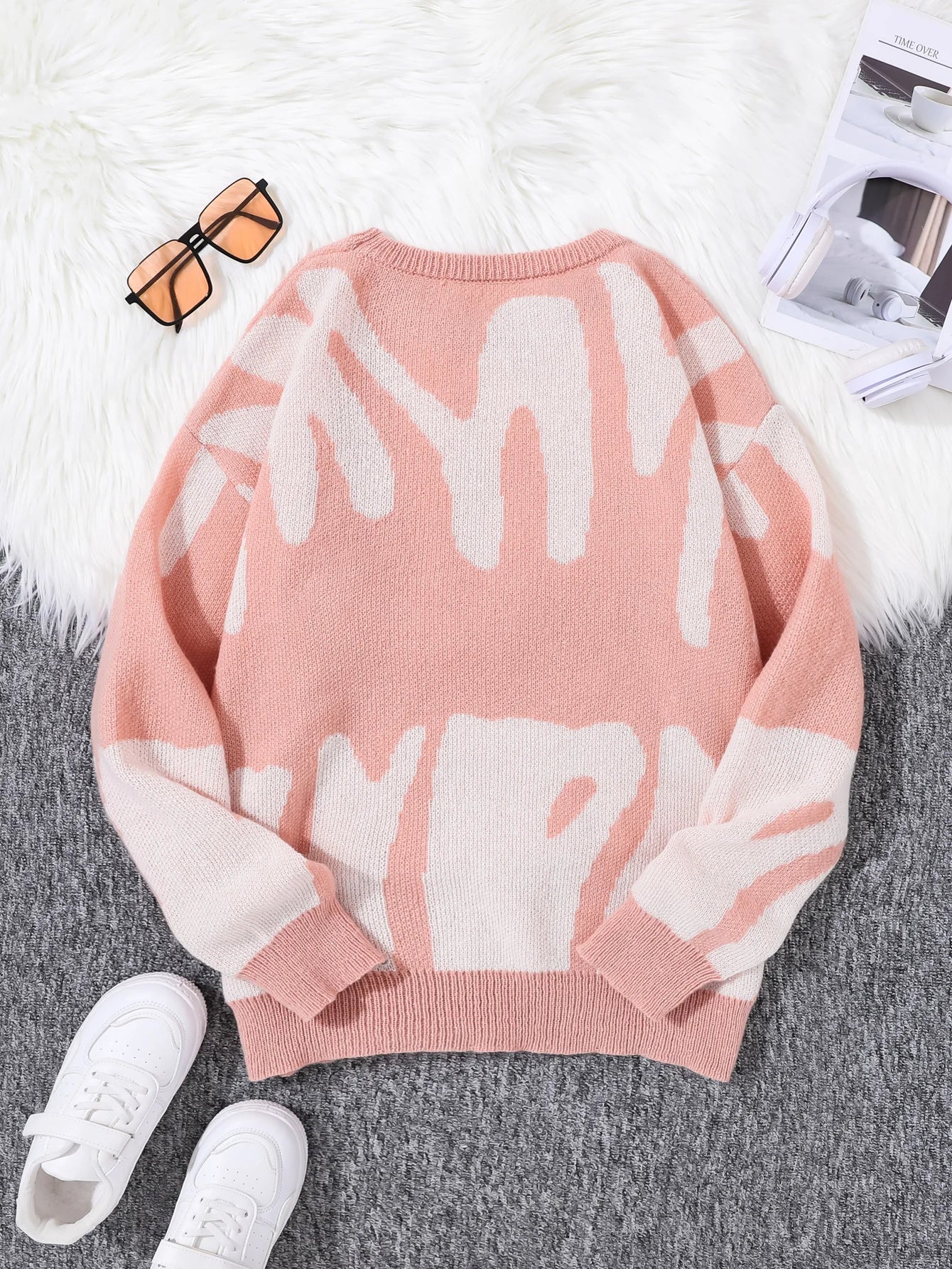 Autumn Winter Irregular Jacquard Pattern Pullover Sweater Casual Round Neck Contrast Color Knitted Pullover