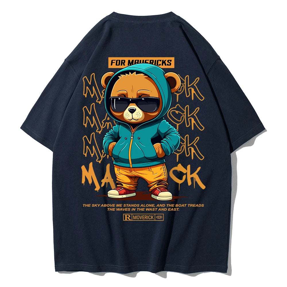 Cotton Fashion Bear Pattern Printed Men's T Shirt Round Neck Loose Tops Breathable Comfortable Casual Oversized Women Clothing
