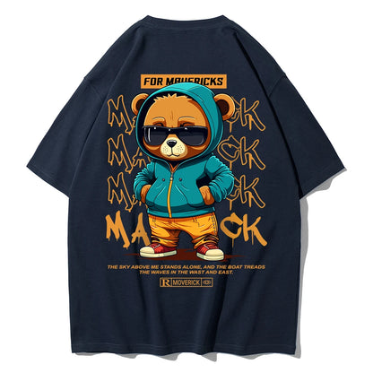 Cotton Fashion Bear Pattern Printed Men's T Shirt Round Neck Loose Tops Breathable Comfortable Casual Oversized Women Clothing