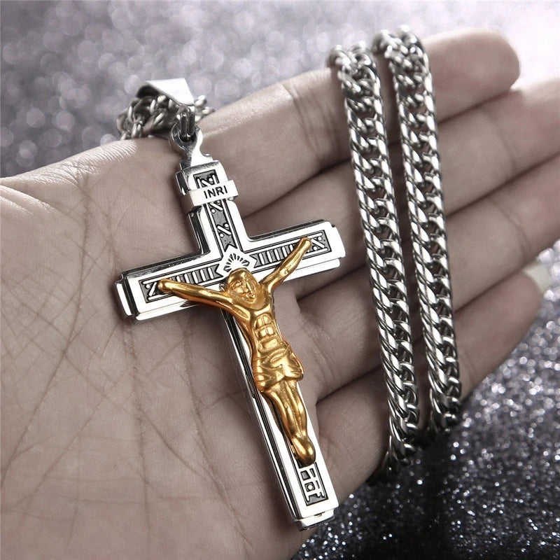Vintage Jesus Cross Pendant Men and Women Amulet Necklace Catholic Christian Religious Prayer Jewelry Gift