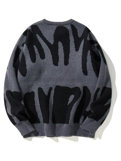 Autumn Winter Irregular Jacquard Pattern Pullover Sweater Casual Round Neck Contrast Color Knitted Pullover