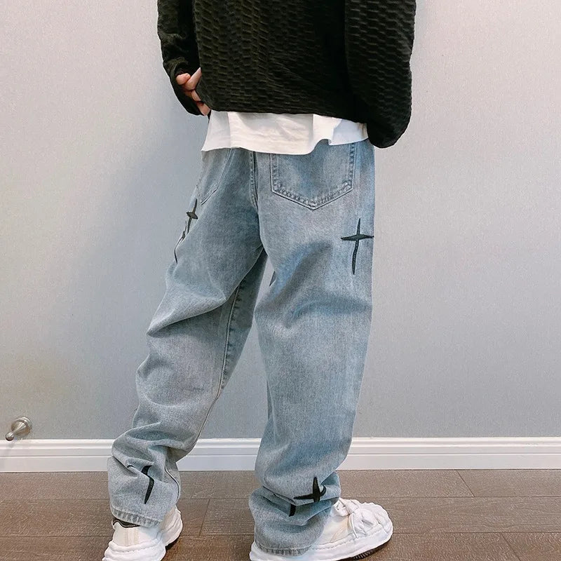 Vintage Fashion Straight Casual Loose Denim Cargo Pants Men Designer Prints Star Jeans Streetwear Loose Wide Leg Jeans