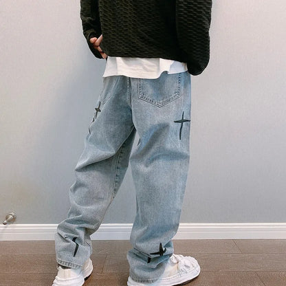 Vintage Fashion Straight Casual Loose Denim Cargo Pants Men Designer Prints Star Jeans Streetwear Loose Wide Leg Jeans