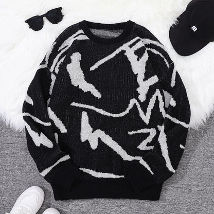 Spring Autumn Graffiti Jacquard Pattern Pullover Sweater Casual Round Neck Contrast Color Knitted Pullover