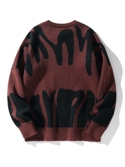 Autumn Winter Irregular Jacquard Pattern Pullover Sweater Casual Round Neck Contrast Color Knitted Pullover