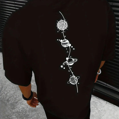 Men's 100% pure cotton summer loose size Planet Graphic Design print casual comfortable round neck short sleeved T-shirt top