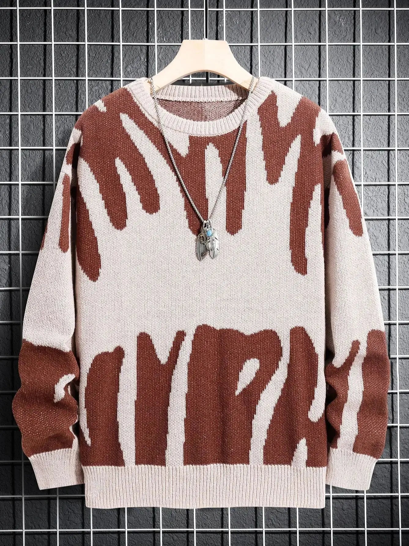 Autumn Winter Irregular Jacquard Pattern Pullover Sweater Casual Round Neck Contrast Color Knitted Pullover