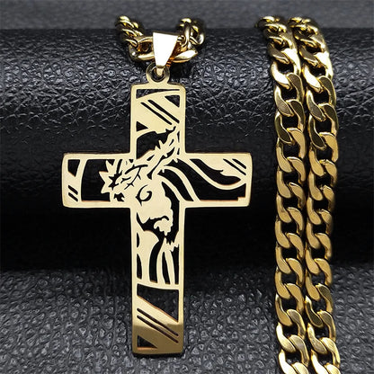 Hip Hop Punk Crown of Thorns Jesus Cross Necklace for Men Stainless Steel Gold Plated Crucifix Pendant Necklaces Jewelry N8052