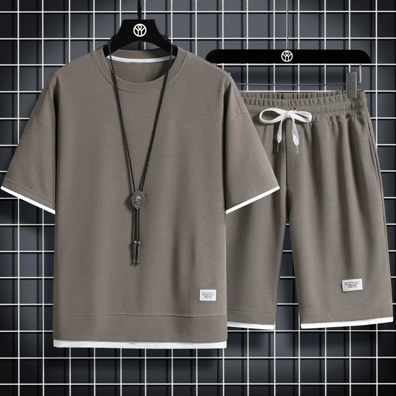 Summer Men's Waffle Sets Casual T-Shirt And Shorts Set Male Sports Suit Solid Color Tracksuit Loose Suits