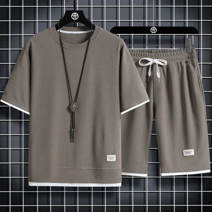 Summer Men's Waffle Sets Casual T-Shirt And Shorts Set Male Sports Suit Solid Color Tracksuit Loose Suits