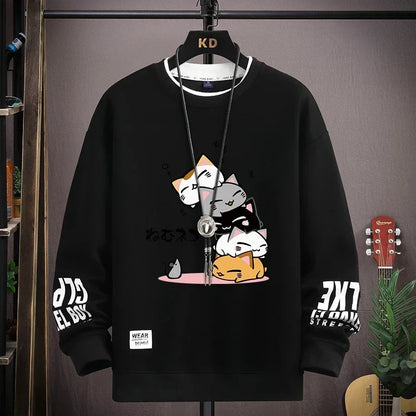 Spring Men's Sweatshirt Japan Cartoon Cats Printed Long Sleeve T-shirt Fashion Men's Clothing Khaki O Neck Harajuku Top