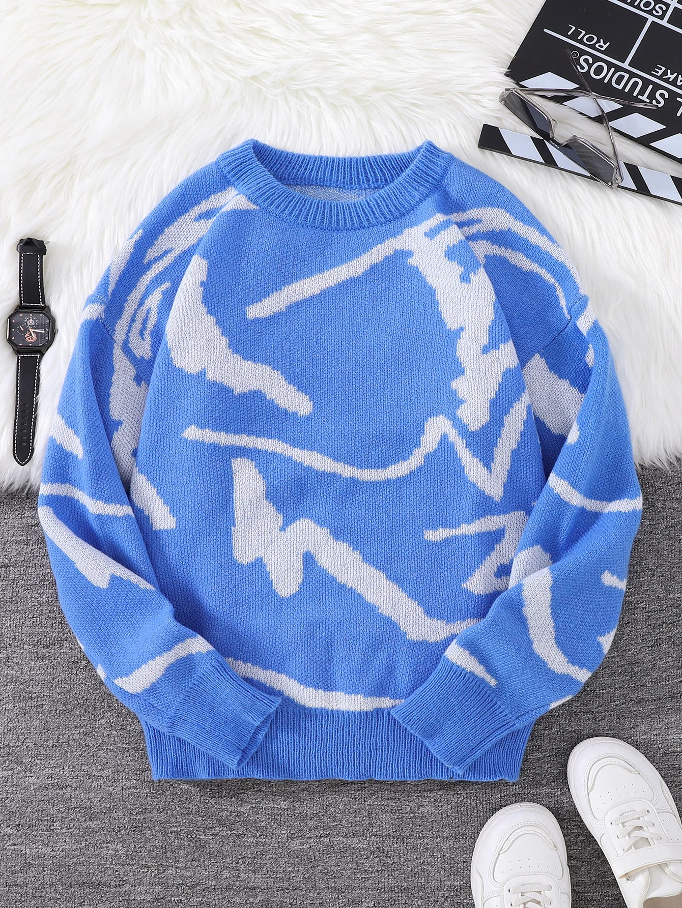 Spring Autumn Graffiti Jacquard Pattern Pullover Sweater Casual Round Neck Contrast Color Knitted Pullover