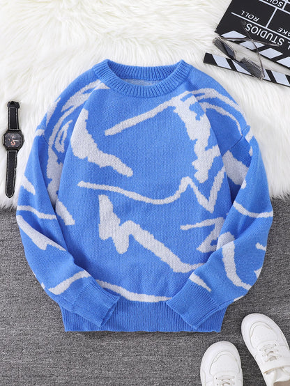 Spring Autumn Graffiti Jacquard Pattern Pullover Sweater Casual Round Neck Contrast Color Knitted Pullover
