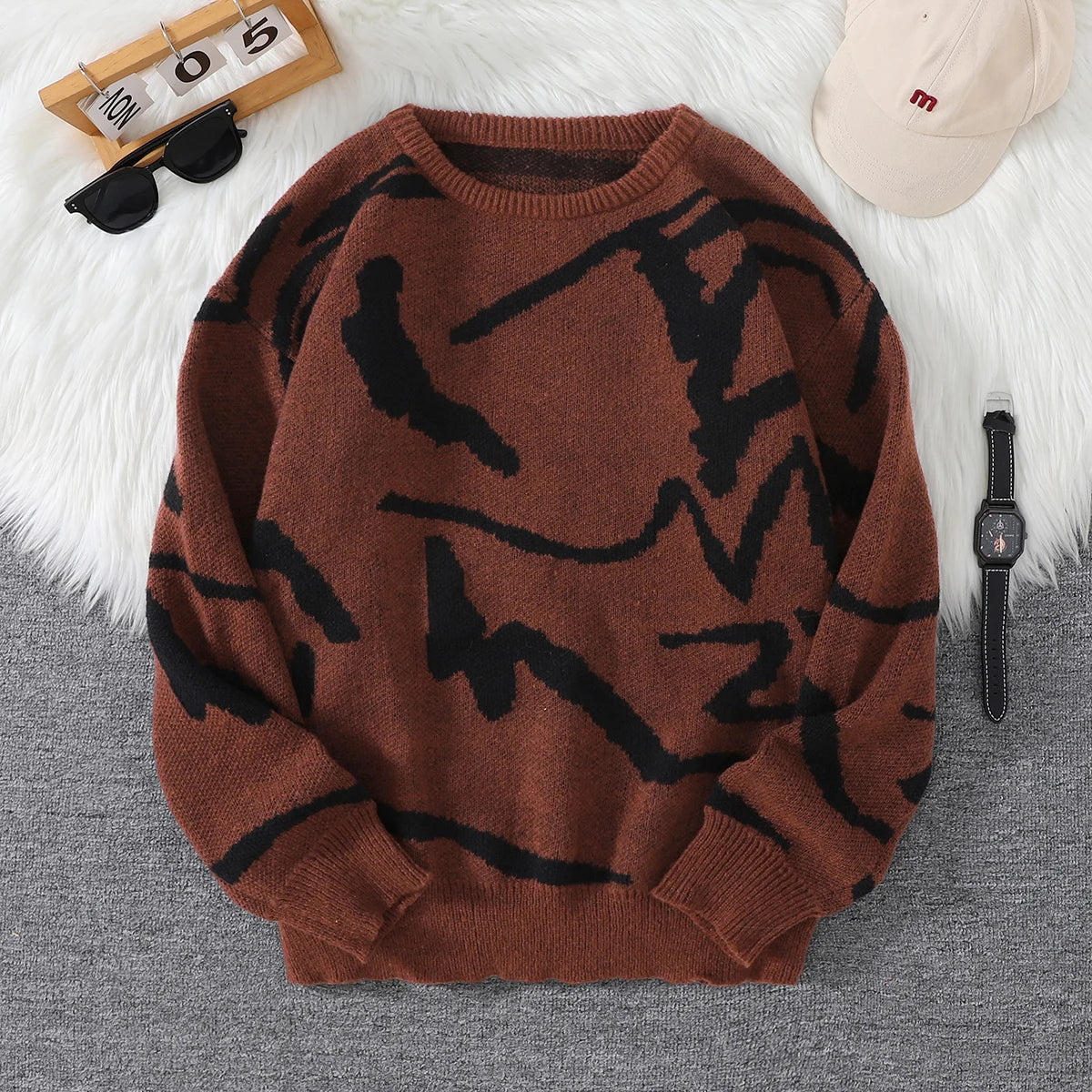 Spring Autumn Graffiti Jacquard Pattern Pullover Sweater Casual Round Neck Contrast Color Knitted Pullover