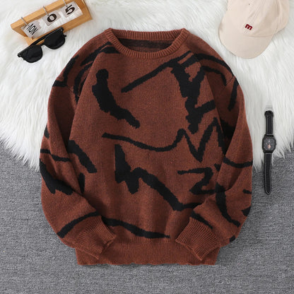 Spring Autumn Graffiti Jacquard Pattern Pullover Sweater Casual Round Neck Contrast Color Knitted Pullover